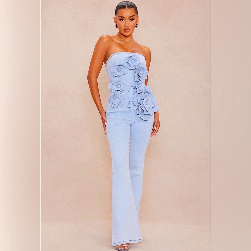 Fashion Nova “Berlin” Floral Appliqué Denim Jumpsuit - Light Wash - size S